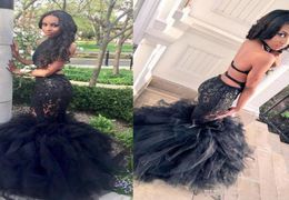 2018 New Arrival Black Girls Mermaid Prom Dresses Halter Sheer Lace Applique Sexy Backless Ruffles Skirt Formal Evening Gowns4236203
