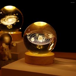 Decorative Figurines LED Crystal Ball Night Light Lamp 3D Engraved Solar System With Wooden Base USB Charging Gift For Kids