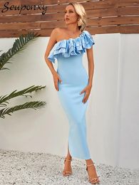 Casual Dresses High Quality Women's Sky Blue Bandage Long Dress Sexy One Shoulder Sleeveless Fashion Ruffle Edge Elegant Birthday Party