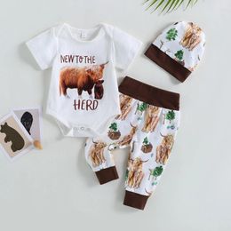 Clothing Sets Kids Girls Boys Pants Suit Casual Party Short Sleeve Romper Tops Bull Print Loose Long Hat