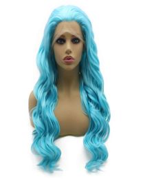 24quot Long Blue Wavy Wig Heat Resistant Synthetic Hair Lace Front Cosplay Wig8405230