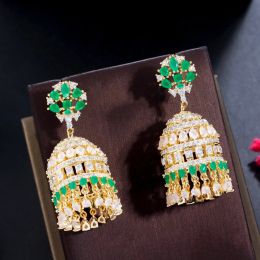 Earrings BeaQueen Luxury Round Bell Dangling Indian Earrings for Women Shiny White Green Full CZ Gold Plated Bridal Costume Jewellery E501