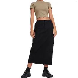 Skirts Women Y2k Cargo Midi Female Retro Solid Colour Pocket High Waist Side Split Shirring Straight Long Skirt Streetwear