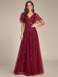 Elegant Evening Dress Romantic Shimmery Deep V-Neck Ruffle Sleeves Ever Pretty of 2024 Burgundy Gauze Sequin Maxi Long Gowns 240320