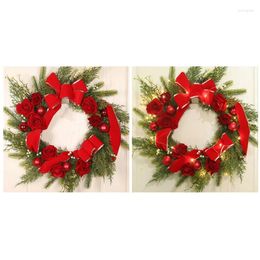 Decorative Flowers Christmas Door Wreath Artificial Rose Flower Red Ribbon Bowknot Faux Green Leaves With LED Light For Farmhouse