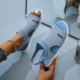 Summer Women Sandals fashion Stretch flying weave Rhinestone Casual Woman Flats Ladies Beach Shoe Big size 36-43 240329