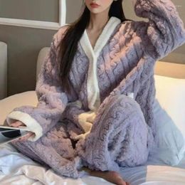 Women's Sleepwear Women Warm Loungewear Set Cozy Winter For Plush Thermal Pajamas With V-neck Long Sleeve Tops Wide Leg Pants
