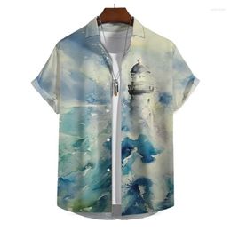 Men's Casual Shirts Summer Shirt For Men Clothing Lighthouse 3D Print Pattern Street Hip Hop Oversized Beach Party Short Sleeve Tops Blouse