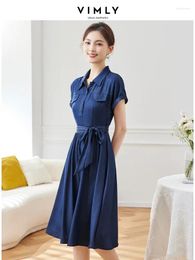 Party Dresses Vimly Elegant Belted Summer Dress Women 2024 Fashion Solid Retro Blue A Line Short Sleeve Swing Womans Clothing M2179