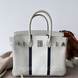 10S Fully handmade tote bag designer bag 30cm white patchwork Lizard black stripe Imported togo cow leather Exquisite beeswax thread hand sewing