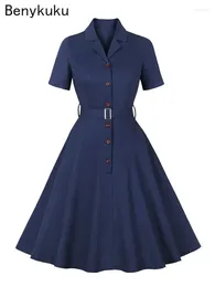 Party Dresses Notched Collar Single-Breasted Office Ladies Short Sleeve Belted Vintage Cotton Dress Elegant Formal Occasion Women Gown