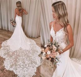 Gorgeous White Ivory Lace Mermaid Wedding Dresses Sexy Spaghetti Straps Open Back Long Train Robes de mariage Custom Made Backless6156877