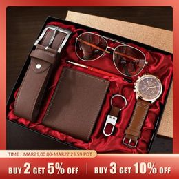 SHAARMS Men Gift Watch Business Luxury Company Mens Set 6 in 1 Glasses Pen Keychain Belt Purse Welcome Holiday Birthday 240327