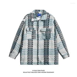 Men's Jackets Korean Colour Clash Plaid Blue Khaki Single Breasted Jacket Cubic Pockets Coat Harajuku Street Couple Clothing