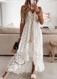 Casual Dresses 2024 Women's Lace Dress V Neck Lace-up Cotton Regular Fit Sweet Maxi Irregular Length Tassel Vacation Robes Mujer Boho