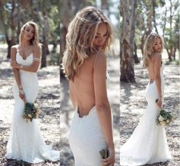 Country Sexy Backless Trumpet A Line Wedding Dresses Spaghetti Strap Full Lace Wedding Dress Cheap Mermaid Sweep Open Back BOHO Br9787129