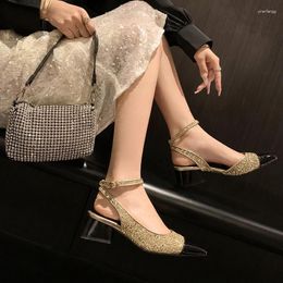 Dress Shoes 2024 Summer Women Sandals Natural Leather 22-24.5cm Cowhide Glit Material Pigskin Mixed Colours Sequin Thick Heeled