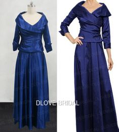 Royal Blue Taffeta Mother of the Bride Dress with 34 Long Sleeves Real Po Wedding Guest Gown A Line Floor Legnth Dresses8374877