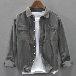 Spring Men Cargo Shirt Singlebreasted Loose Long Sleeves Shirt Turndown Collar Cardigan Corduroy Outdoor Workwear Shirt Coat y240326