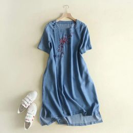 Party Dresses Summer Embroidery Denim Dress Women O Neck Short Sleeves Floral Blue Jeans Cheongsam Cotton Vestidos Mujer