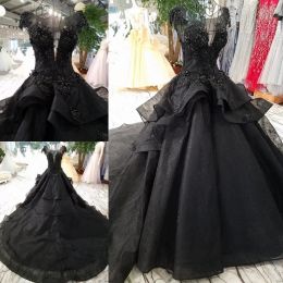 Dresses Vintage Black Ball Gown Wedding Dresses Cap Sleeve V Neck Beaded Lace Open Back Ruffle Court Train Bridal Wedding Gowns Real Pictu