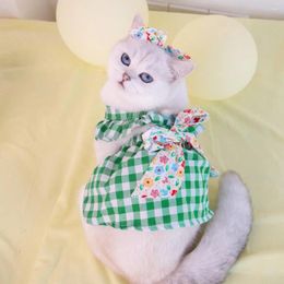 Dog Apparel Exquisite Edging Pet Outfit Dress Set With Sleeves Headdress Plaid Clothes Skirt For Summer Cat Clothing Supplies Easy