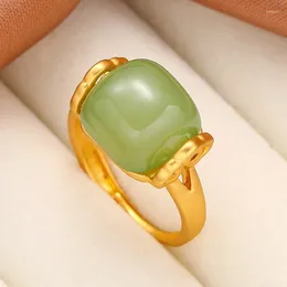 Cluster Rings Vintage Gold Color Inlaid Green Stone For Women Girls 2024 Fashion Adjustable Ring Nephrite Wedding Party Jewelry Gift