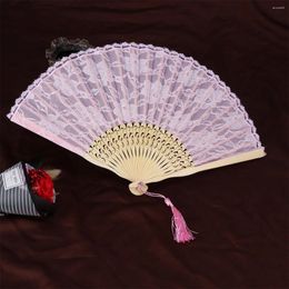 Decorative Figurines Bamboo Vintage Fan Elegant Handheld Chinese Folding Lace Hand Fans (Pink)