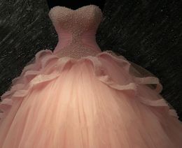 Immagine reale Coral Quinceanera Dresses Vestidos de 15 Anos Pearls Tulle Lace Sweet 16 abiti da ballo a buon mercato abiti da ballo economici 2018 MADE 7600713 personalizzato