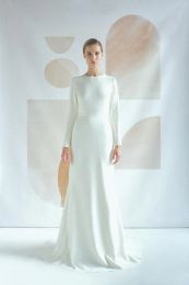Dresses Simple Crepe Mermaid Modest Wedding Dresses With Long Sleeves Buttons Back High Neck Elegant Simple Modest Wedding Gowns Sleeved C