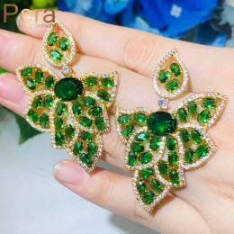 Earrings Pera 18K Gold Colour Dark Green Big Leaf Drop Earrings with CZ for Luxury Wedding Banquet Party Women Costume Ear Jewellery E507