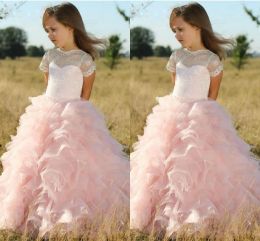 Dresses Pink Princess Ball Gown Flower Girl Dresses Sheer Lace Jewel Neck Ruffles Skirt Girls Communion Dress Kids Evening Prom Gowns For
