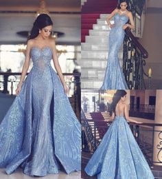 2019 Yousef Aljasmi Arabic Mermaid Prom Dresses With Detachable Train Sheer Long Sleeve Dress Evening Wear Lace Appliqued Formal P1534395