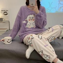 Home Clothing Autumn Winter Flannel Lounge Sets Womens Cute Sheep Printing Princess Wear Round Neck Long Sleeve Women's Two Piece Set