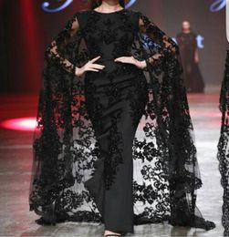 Black Lace Applique Arabic Dubai Prom Occasion Dresses with Cape 2019 Modest Fashion Crew Full length yousef aljasmi Evening Gowns2731041