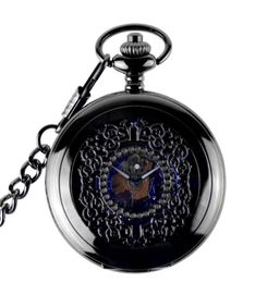 Pocket Watches Antique Skeleton Blue Roman Numerals Dial Black Case Mechanical Hand Wind Long Fob Chain Clock Men WatchPocket4569437