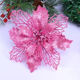 Decorative Flowers 12 Pcs Glitter Poinsettia Hollow Artificial Christmas Ornaments Xmas Tree Hanging Pendant (Pink)