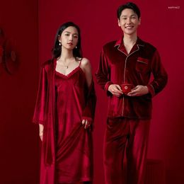 Home Clothing Burgundy Velvet Bride Long Robe Nightgown Set Wedding Gift Couple Sleepwear Autumn Winter Velour Loose Wear Lounge