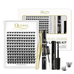 Quewel Lashes DIY Eyelash Extensions Kit Lash Clusters 144 Pcs with Lash Bond and Seal Glue Golden Lashes Tweezers Glue Remover 240327