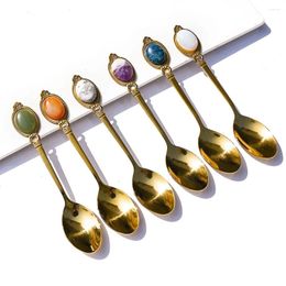 Coffee Scoops 1pc Long Handle Tea Gold Spoon Spiritual Energy Natural Quartz Crystal Gemstone Dessert Restaurant Carved Crafts