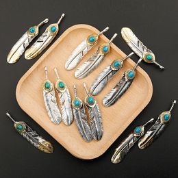 Pure 925 Sterling Thai Silver Feather Pendant Turquoise Charms Japanese Retro Jewelry For Men Goros Takahashi Blue Necklace Gift240327