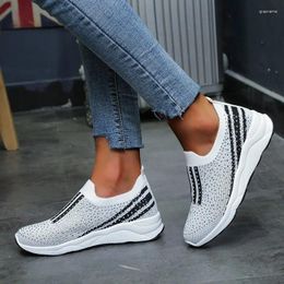 Fitness Shoes Sneakers Women Vulcanize Crystal Shiny Elastic Band Sock Woman Comfort Casual Loafers Bling Slip On Female