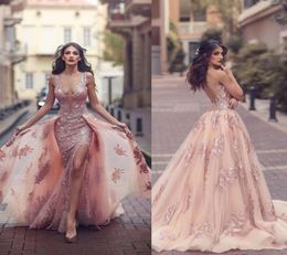 Saudi Arabic Over skirt Mermaid Evening Dresses 2020 Top Quality Sheer Backless V Neck Appliques with Capes Long Prom Party Split 8456302