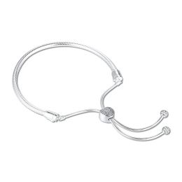 Bangles Moments Pave Heart Clasp Snake Chain Slider Bracelet 925 Sterling Silver Jewellery Adjustable Beaded Bracelets for Women Valentine