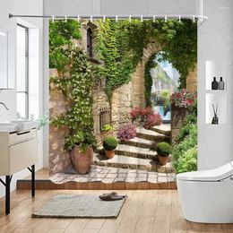 Shower Curtains Outdoor Garden Curtain Street Architecture Botanical Floral Vintage Old Fashioned Door Rustic Scene Hippie Bathroom Decor