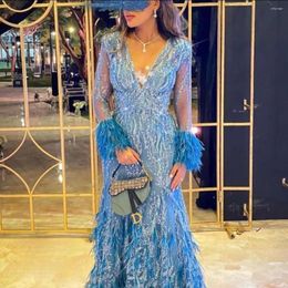 Party Dresses Meetlove V-Neck Prom Floor-Length Stain Zipper Up Wedding Women A-Line Feather Beaded 2024