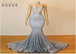Elegant High Neck Silver Sequins Prom Dresses Sexy Backless Mermaid Long Evening Gowns BC06797758130