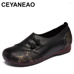 Casual Shoes Ethnic Knot Print Natural Genuine Leather Summer Breathable Women Soft Soled Flats Comfy Handmade Oxfords