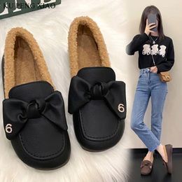 Casual Shoes 2024 Winter Lamb Wool Flat Cotton Women Fashion Bow Design Leather Waterproof Loafers Slip On Comfortable Woman
