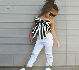 Discount Fashion Girls Suit Stripe Tops Pants 2 Pieces The Strapless Set Kids Bowknot Hole White Pants Childrens Clothing Set7753014